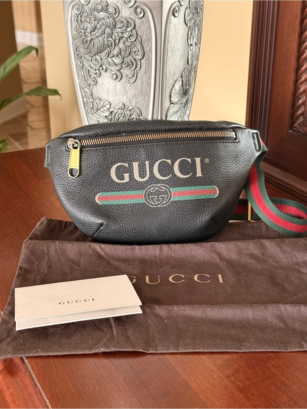 Gucci Black Leather Logo Belt Bag with Red-Green Web Stripe